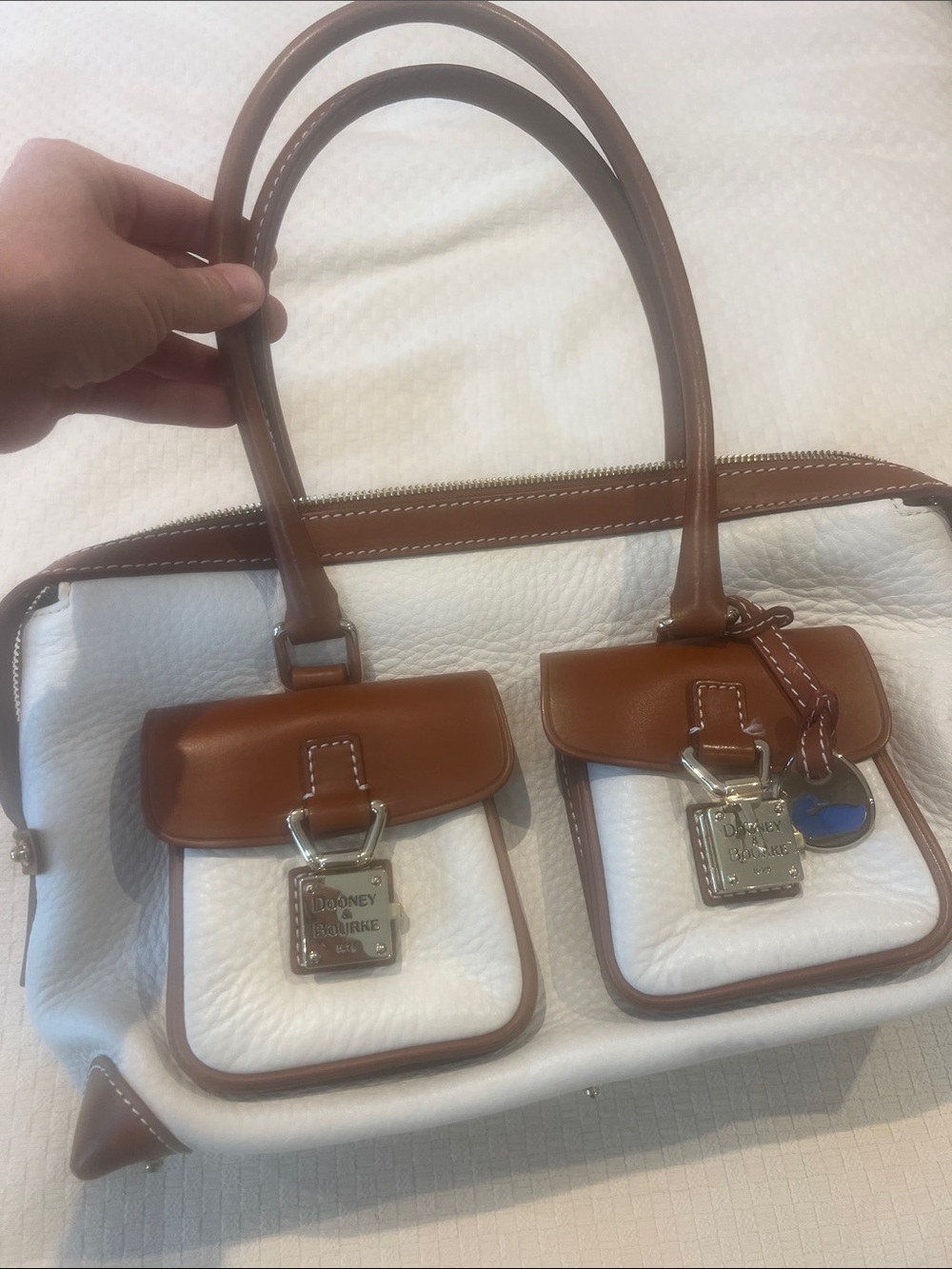 Dooney & Bourke White Pebbled Leather Shoulder Bag with Brown Trim